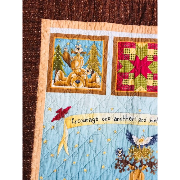 Handmade Quilted Table Runner "Encourage One Another" Browns Tans Greens 47x28" - Picture 7 of 12